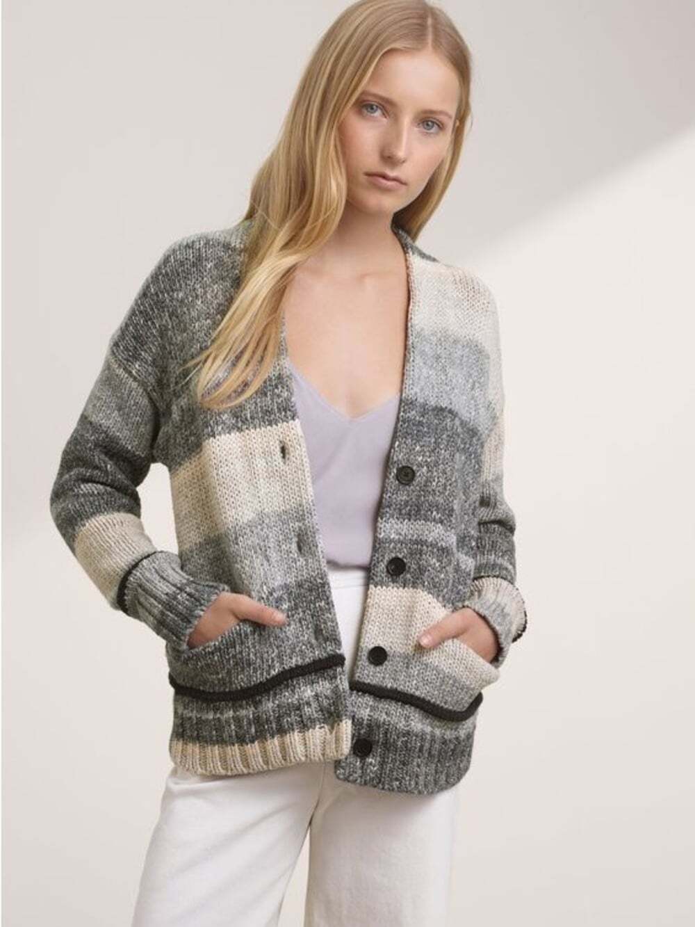 Aritzia Wilfred Free Hosk Gray & Cream Striped Cardigan - 100% Cotton, Size M